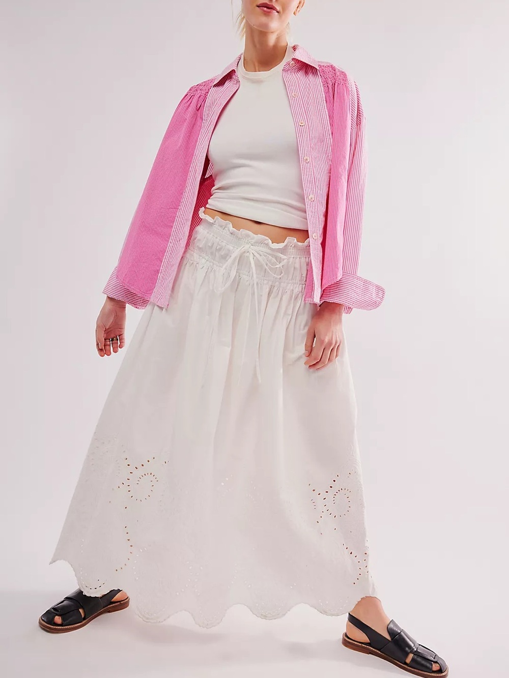 Moon River White Eyelet Drawstring Maxi Skirt